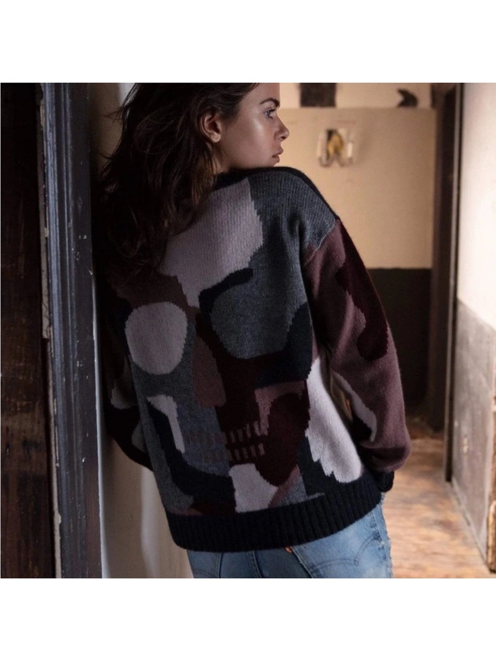 Skull Cashmere Cayenne Camo Skull Vneck Pullover Sweater